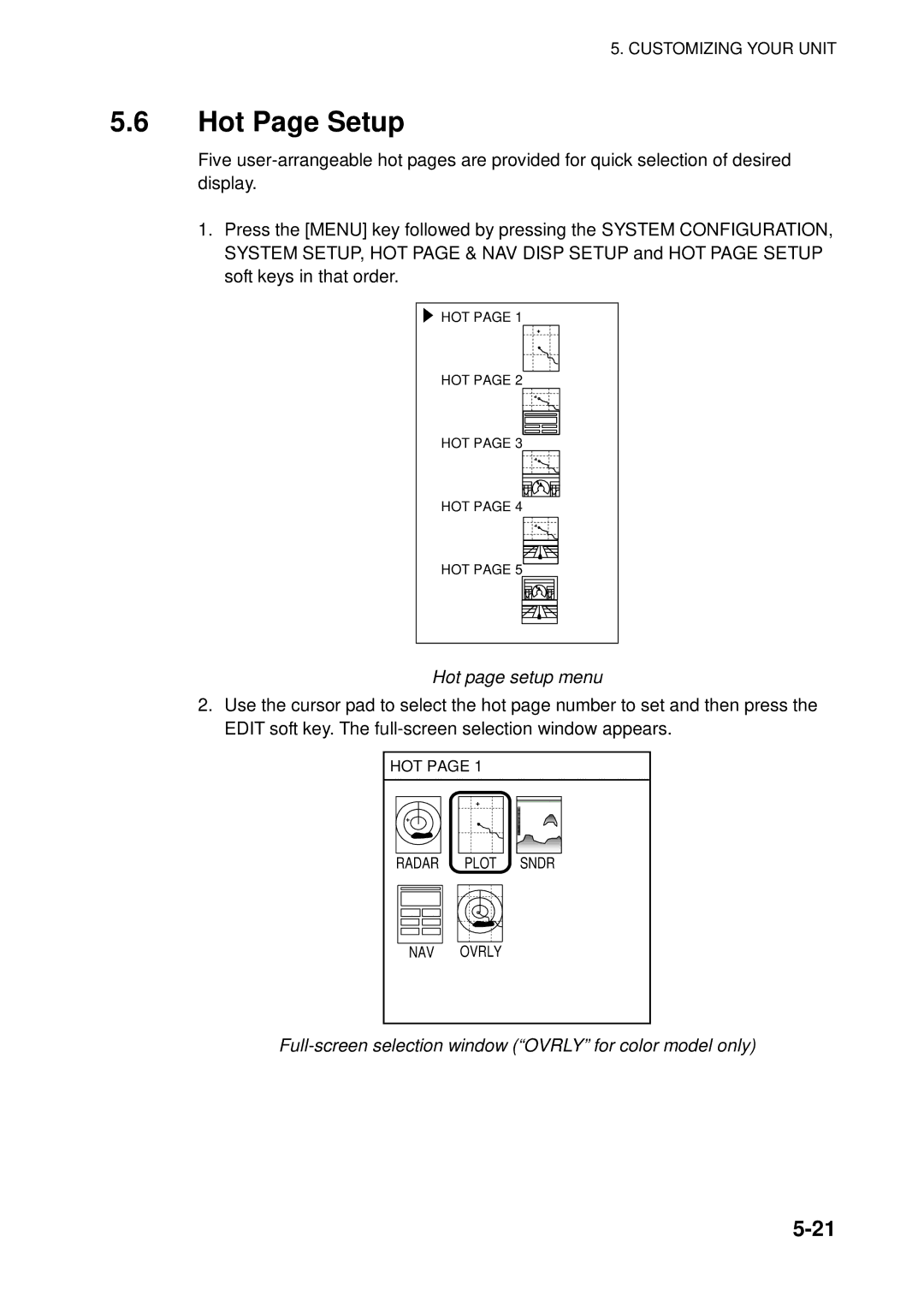 Furuno 1732C, 1753C, 1742, 1752 Hot Page Setup, Hot page setup menu, Full-screen selection window Ovrly for color model only 