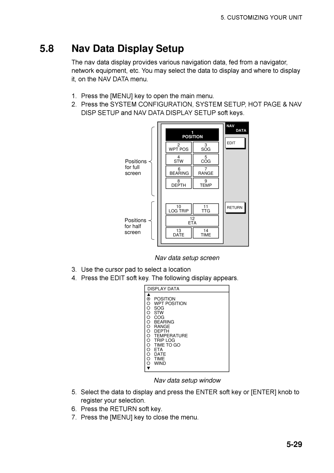 Furuno 1753C, 1742, 1733C, 1752, 1723C, 1762C, 1732 Nav Data Display Setup, Nav data setup screen, Nav data setup window 