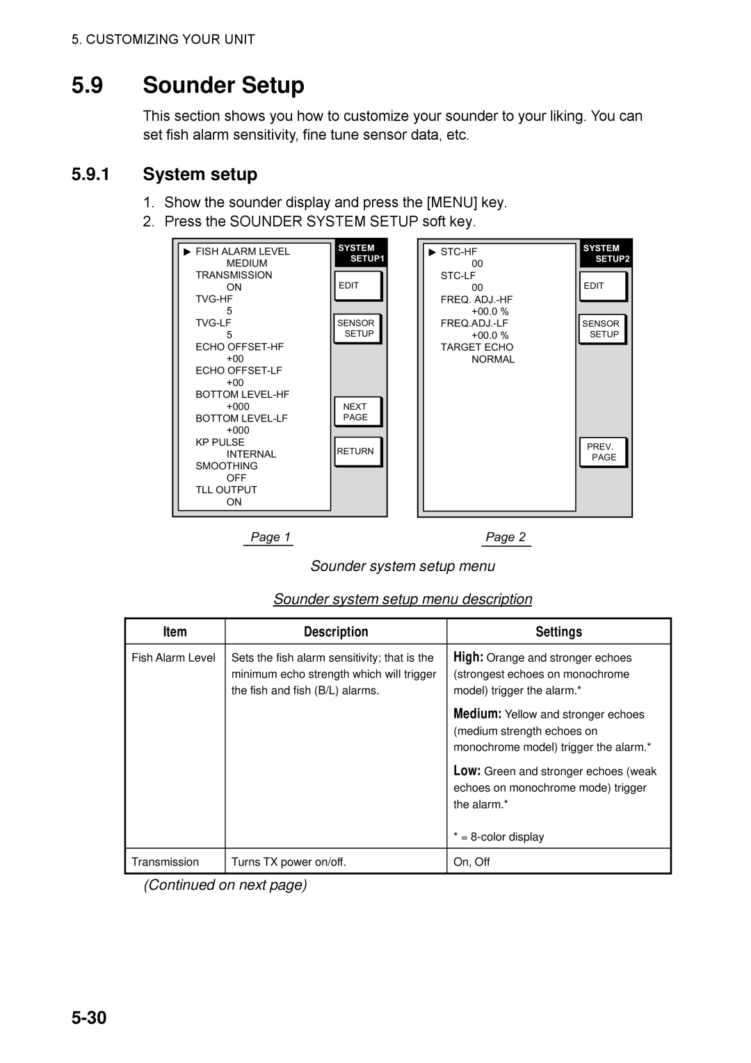 Furuno 1762C, 1753C, 1742, 1733C, 1752, 1723C, 1732, 1722 Sounder Setup, System setup, Sounder system setup menu description 