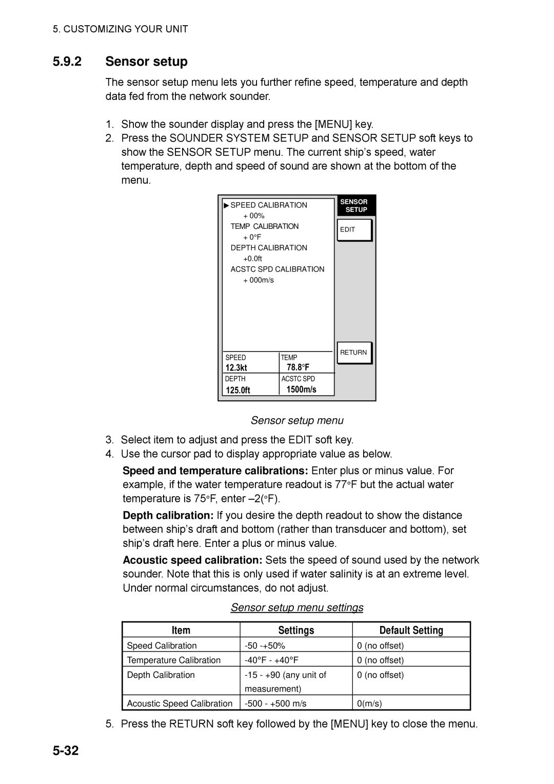 Furuno 1722C, 1753C, 1742, 1733C, 1752, 1723C, 1762C, 1732, 1763C Sensor setup menu settings, Settings Default Setting 