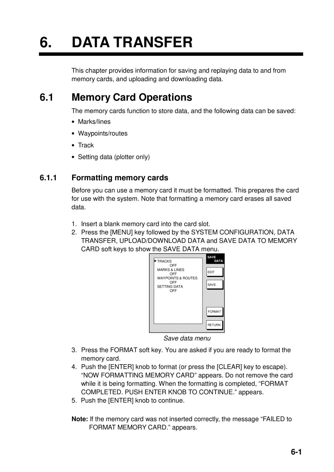 Furuno 1742C, 1753C, 1733C, 1752, 1723C, 1762C, 1732, 1722C Memory Card Operations, Formatting memory cards, Save data menu 