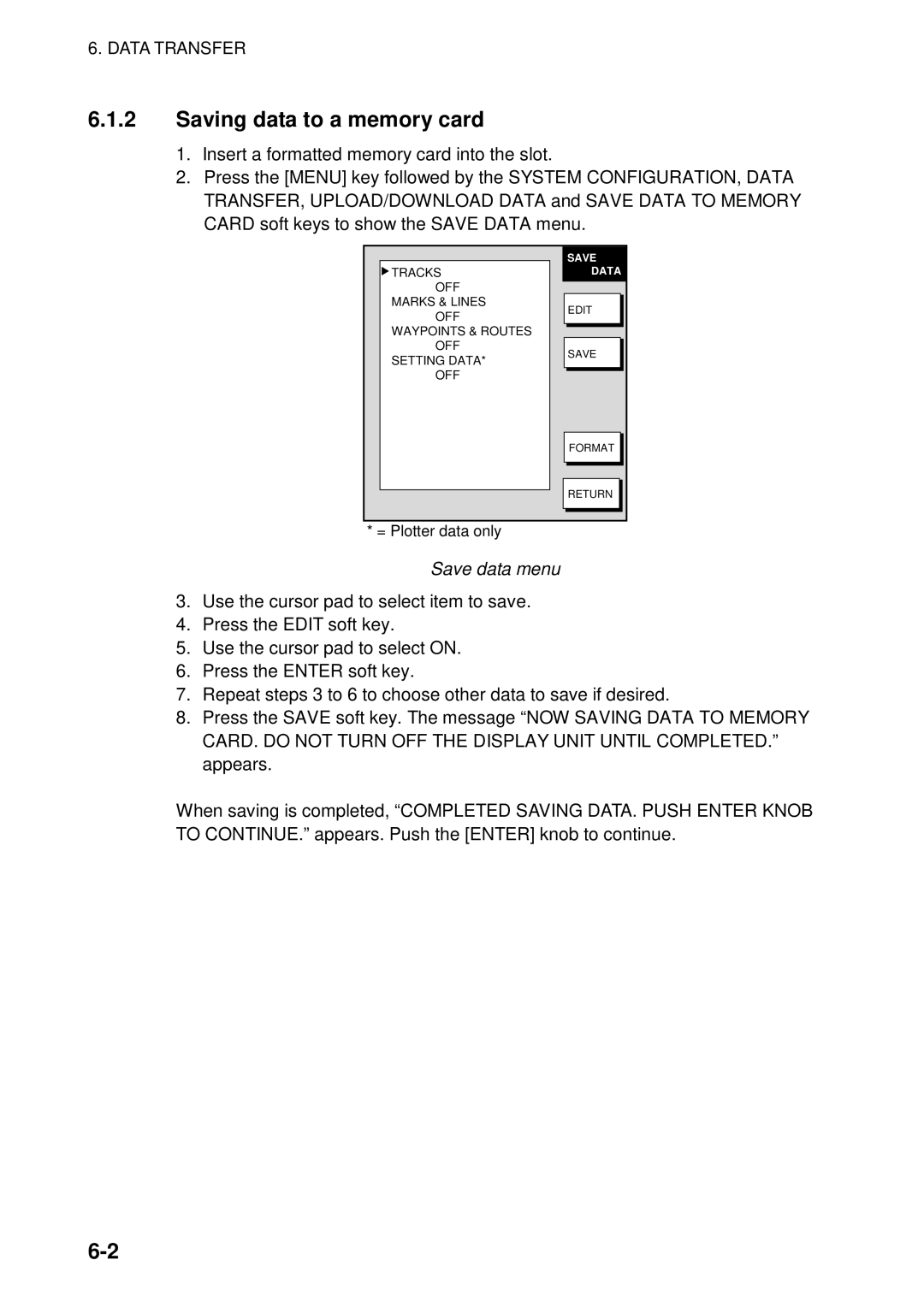 Furuno 1753C, 1733C, 1723C, 1762C, 1722C, 1763C, 1732C, 1752C, 1742C manual Saving data to a memory card 