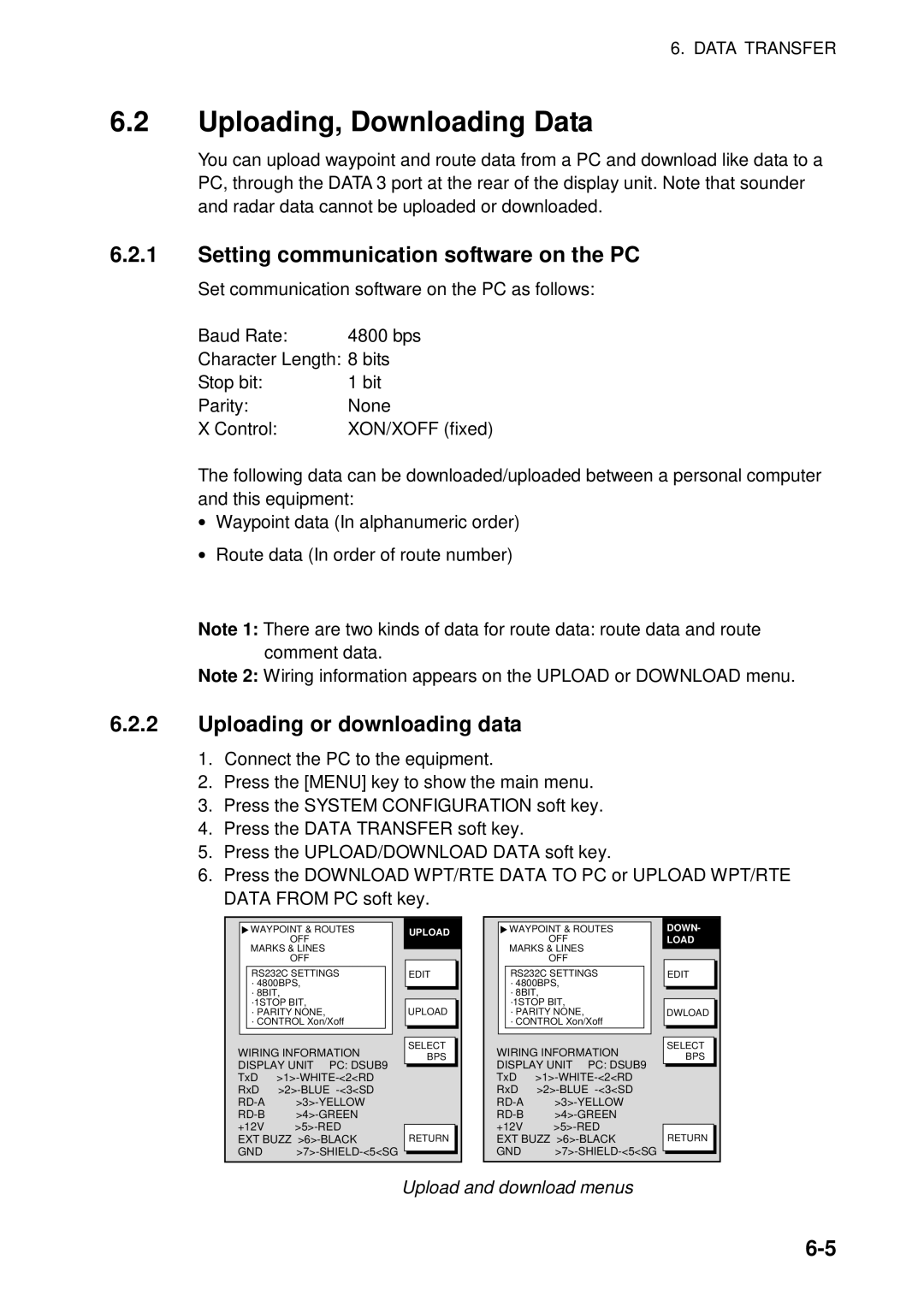 Furuno 1752, 1753C Uploading, Downloading Data, Setting communication software on the PC, Uploading or downloading data 