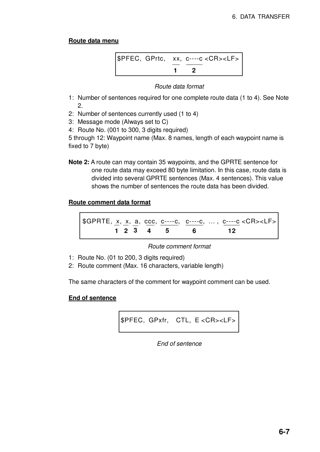 Furuno 1753C, 1742, 1733C, 1752, 1723C, 1762C, 1732, 1722C, 1763C Route data menu, Route comment data format, End of sentence 