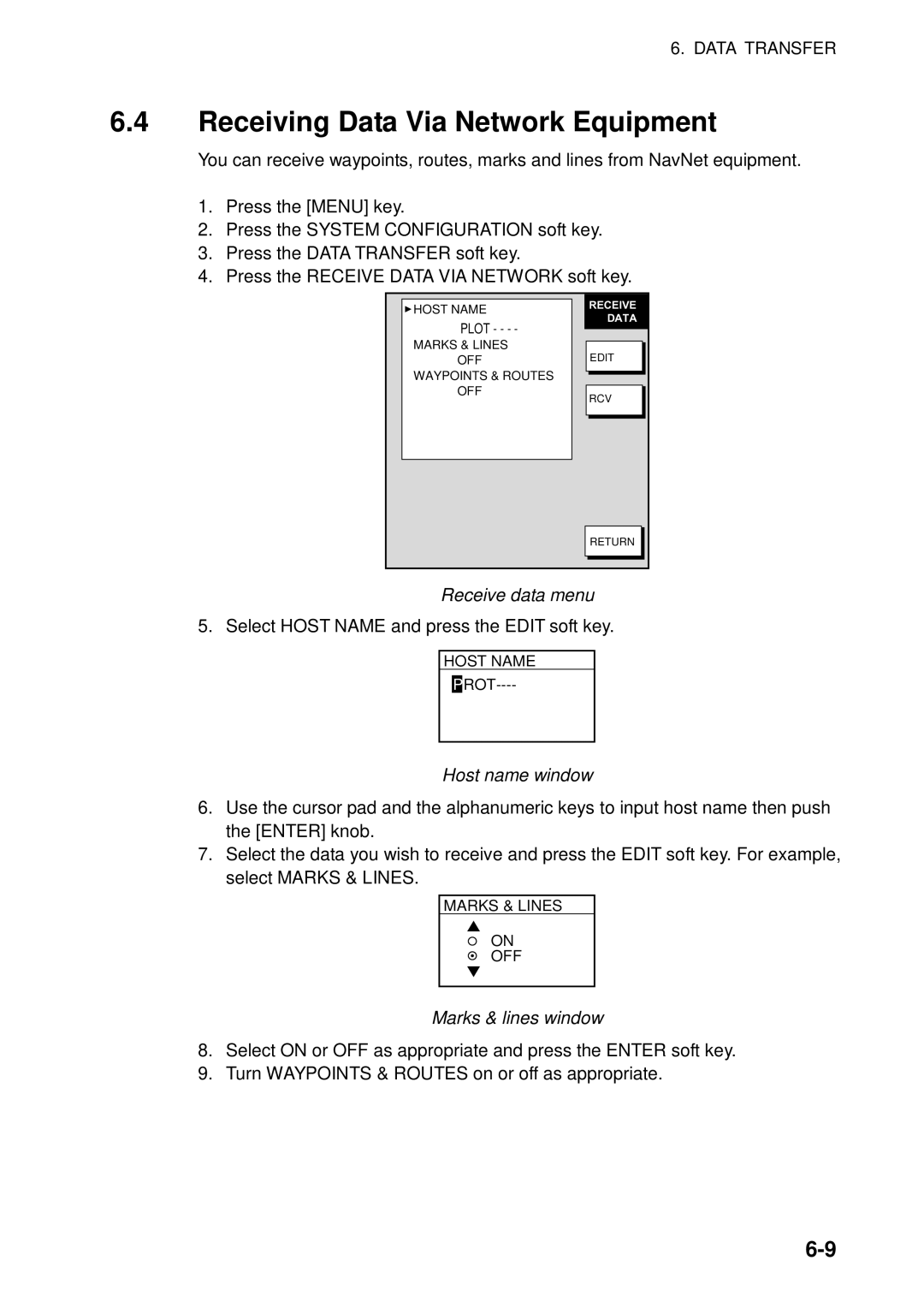 Furuno 1732, 1753C, 1742 Receiving Data Via Network Equipment, Receive data menu, Host name window, Marks & lines window 