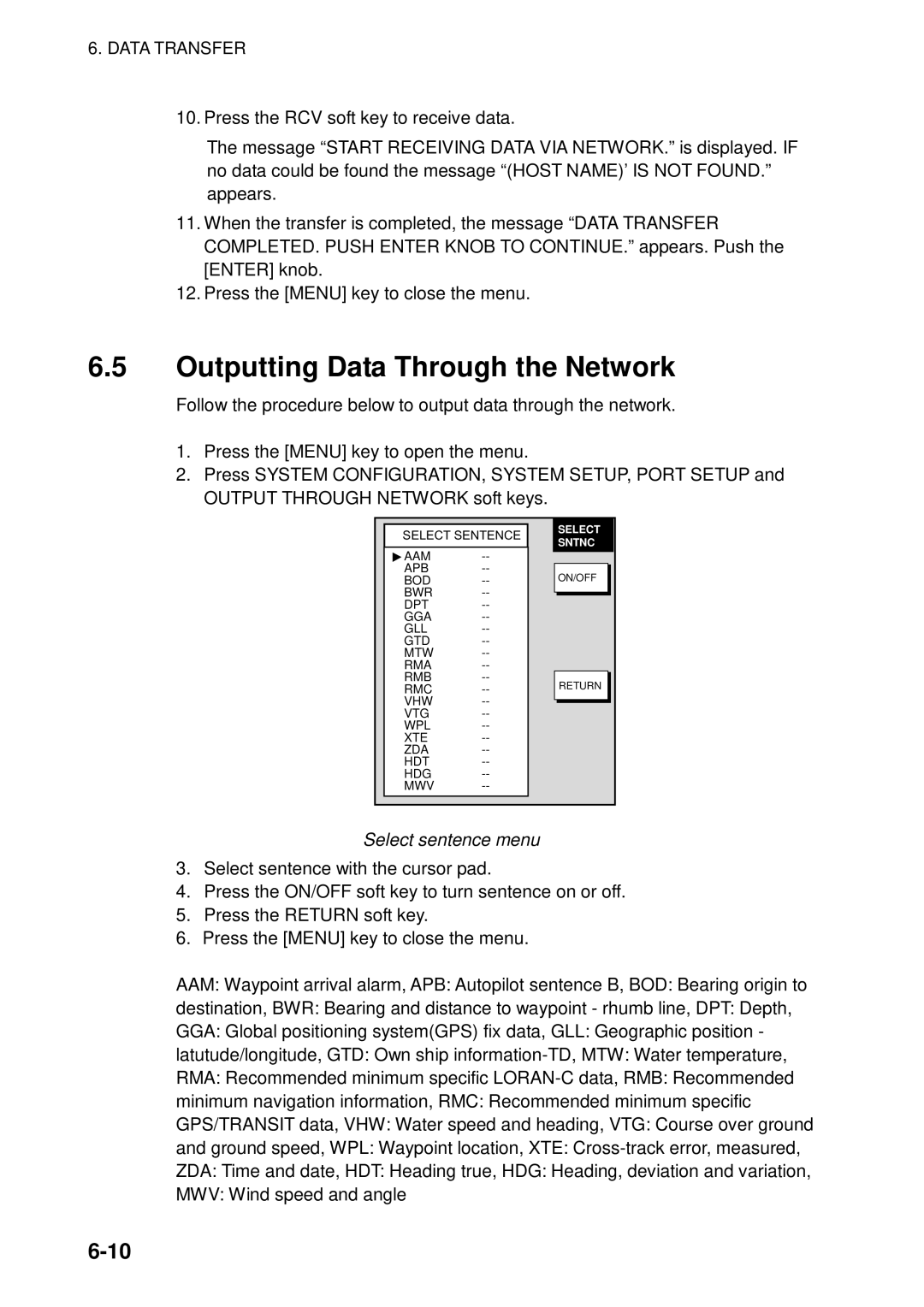 Furuno 1722C, 1753C, 1742, 1733C, 1752, 1723C, 1762C, 1732, 1763C Outputting Data Through the Network, Select sentence menu 