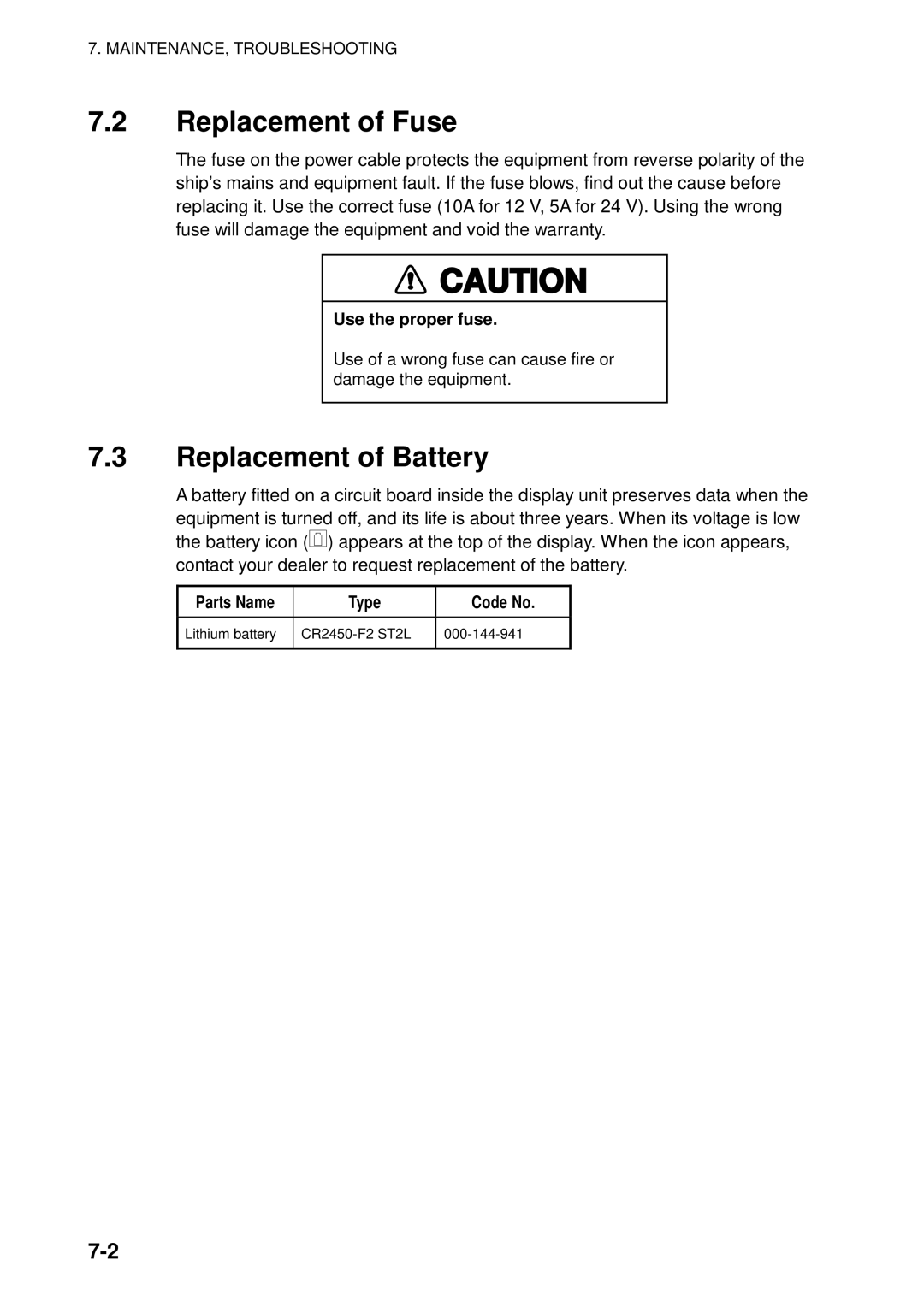 Furuno 1722, 1753C, 1742, 1733C, 1752, 1723C, 1762C Replacement of Fuse, Replacement of Battery, Parts Name Type Code No 