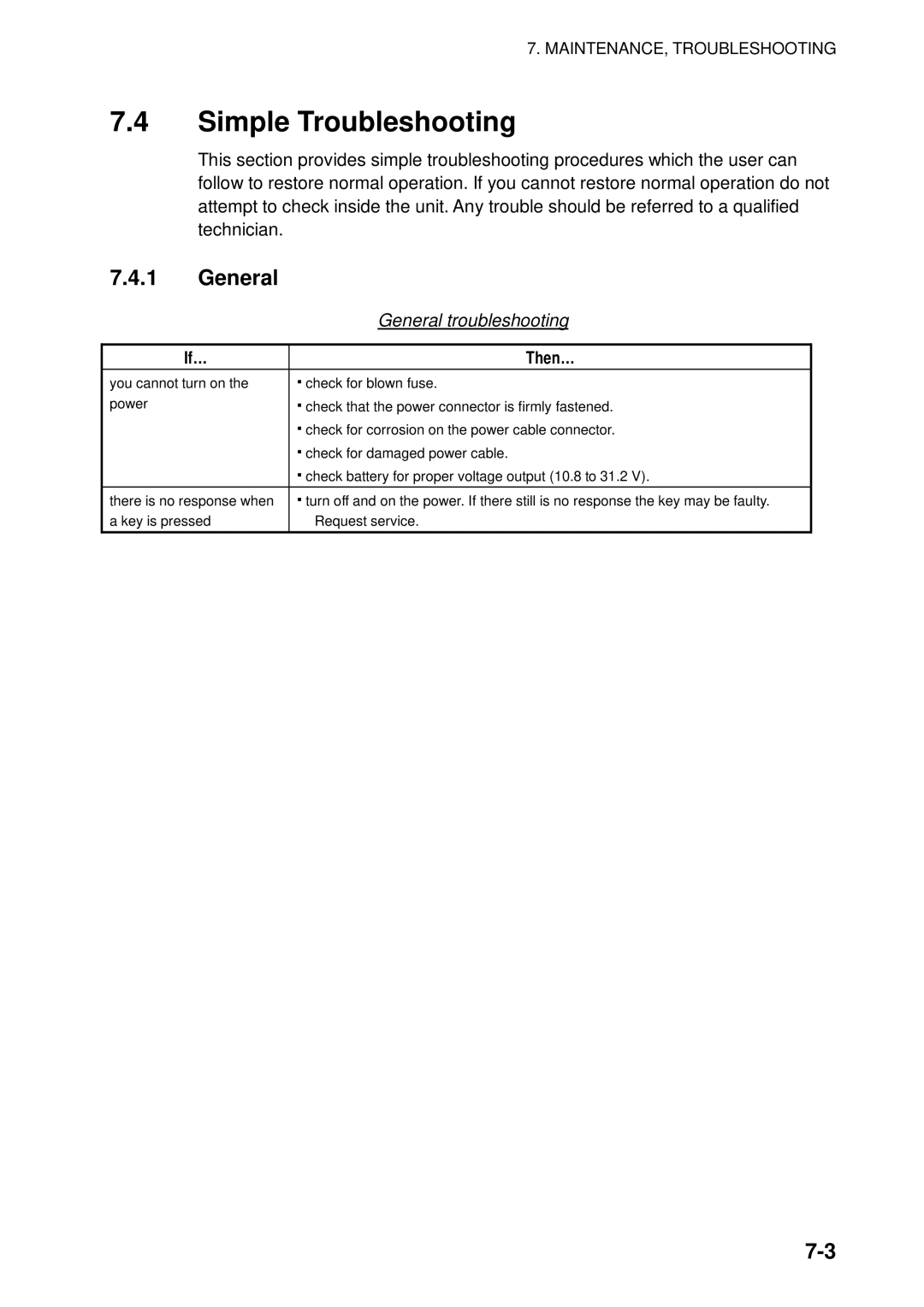 Furuno 1732C, 1753C, 1742, 1733C, 1752, 1723C, 1762C, 1722C, 1763C Simple Troubleshooting, General troubleshooting, If… Then… 