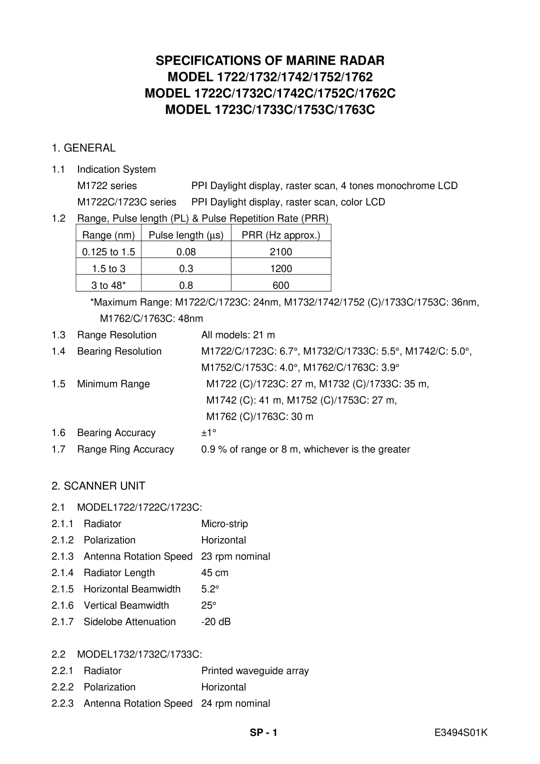 Furuno 1763C, 1753C, 1733C, 1723C, 1762C, 1722C, 1732C, 1752C, 1742C manual Specifications of Marine Radar 