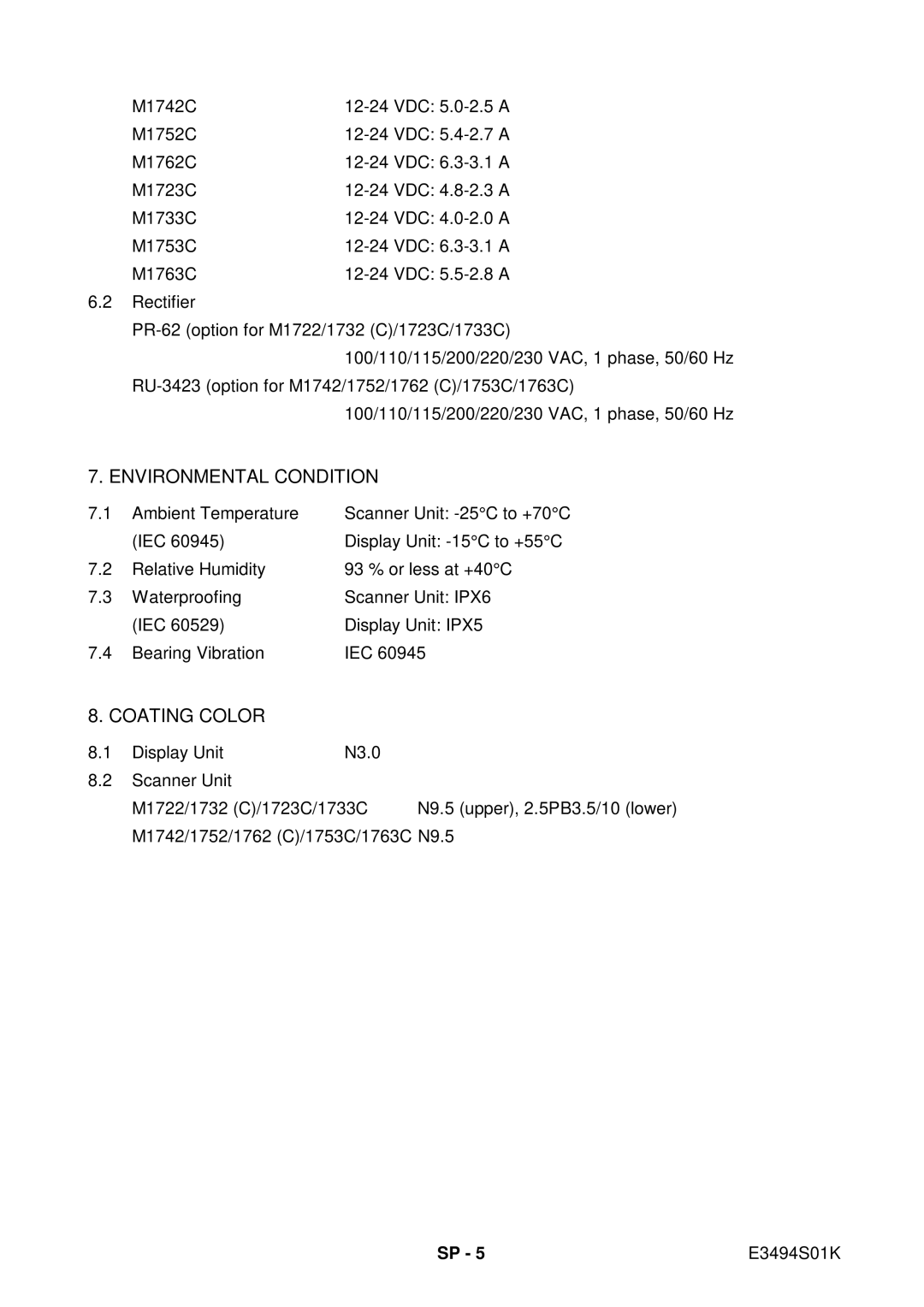 Furuno 1742C, 1753C, 1733C, 1723C, 1762C, 1722C, 1763C, 1732C, 1752C manual Environmental Condition 