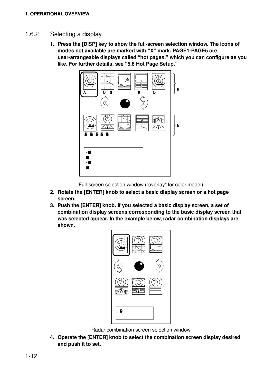 Furuno 1752C, 1753C, 1742, 1733C, 1723C, 1762C Selecting a display, Full-screen selection window overlay for color model 