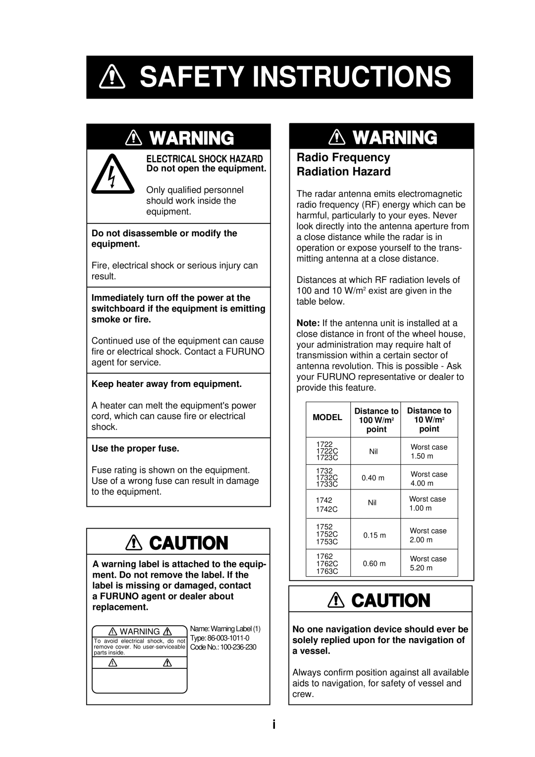 Furuno 1753C, 1733C, 1723C, 1762C, 1722C, 1763C, 1732C, 1752C, 1742C manual Safety Instructions 