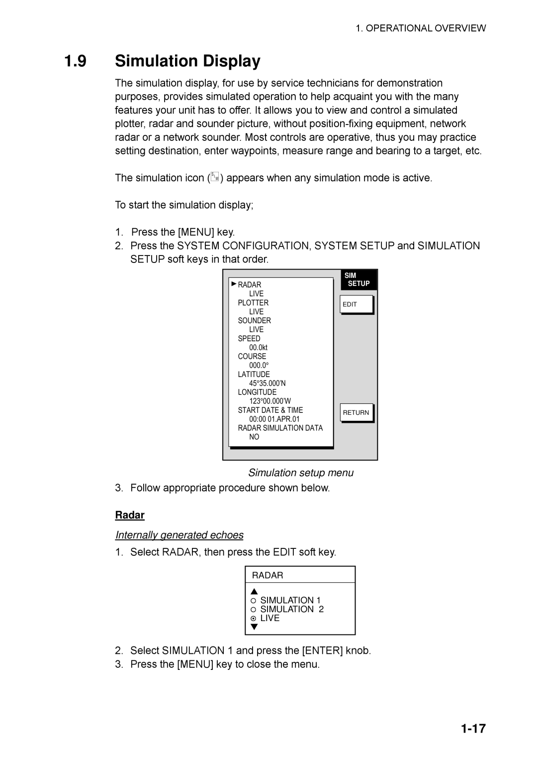 Furuno 1752, 1753C, 1742, 1733C, 1723C, 1762 Simulation Display, Simulation setup menu, Radar, Internally generated echoes 