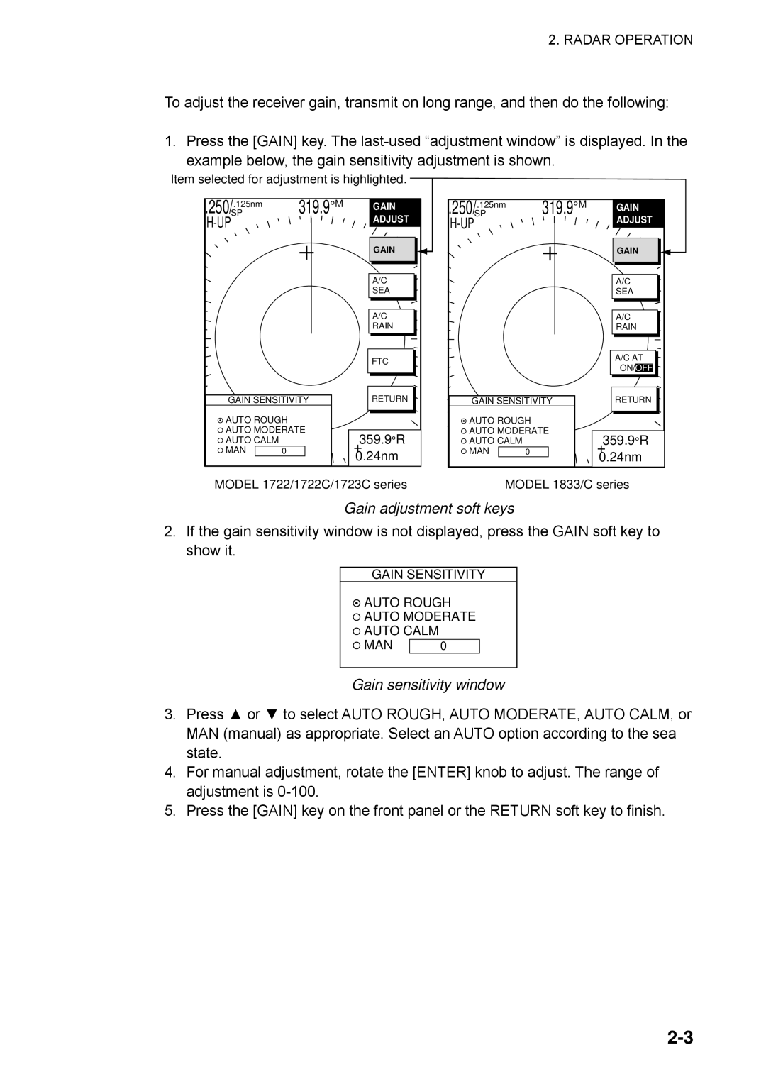 Furuno 1763C, 1753C, 1742, 1733C, 1723C, 1762C, 1722C, 1732C, 1752C Gain adjustment soft keys, Gain sensitivity window 