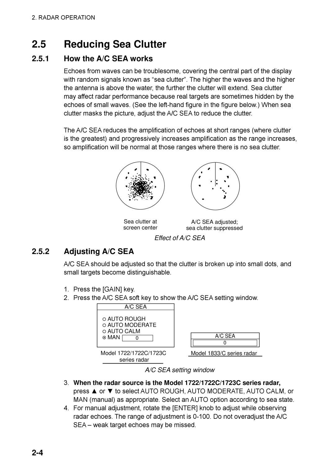 Furuno 1722, 1753C Reducing Sea Clutter, How the A/C SEA works, Adjusting A/C SEA, Effect of A/C SEA, SEA setting window 