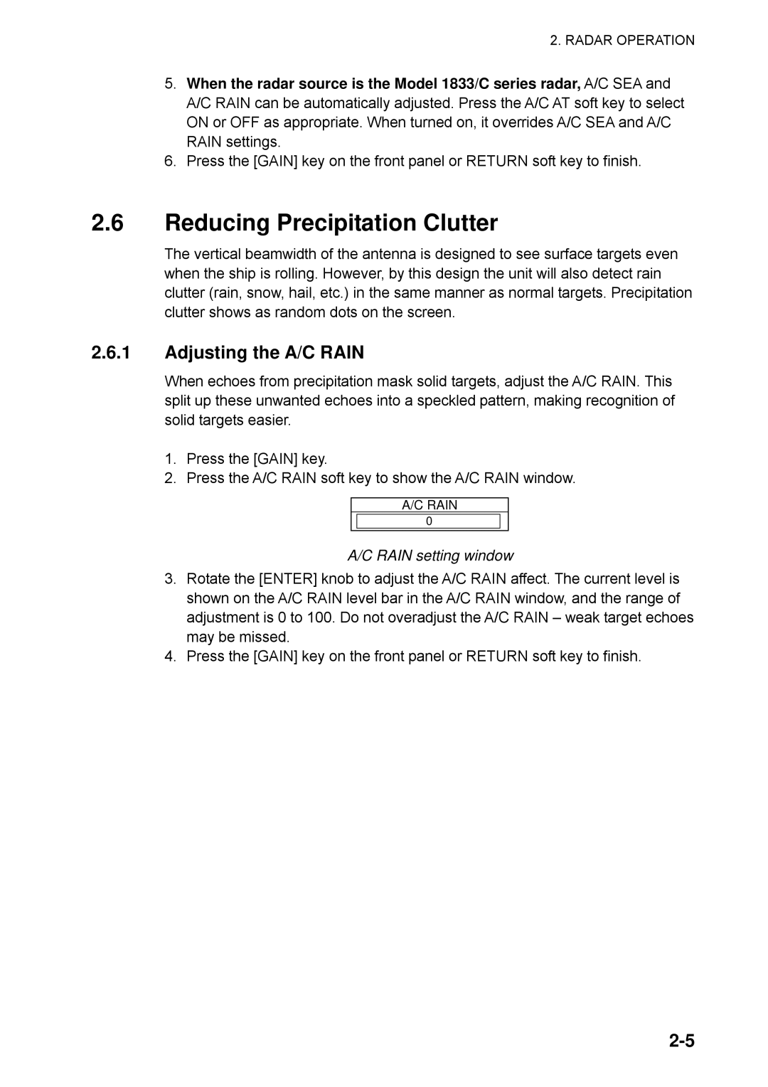 Furuno 1732C, 1753C, 1742, 1733C, 1752, 1723C, 1762 Reducing Precipitation Clutter, Adjusting the A/C Rain, Rain setting window 