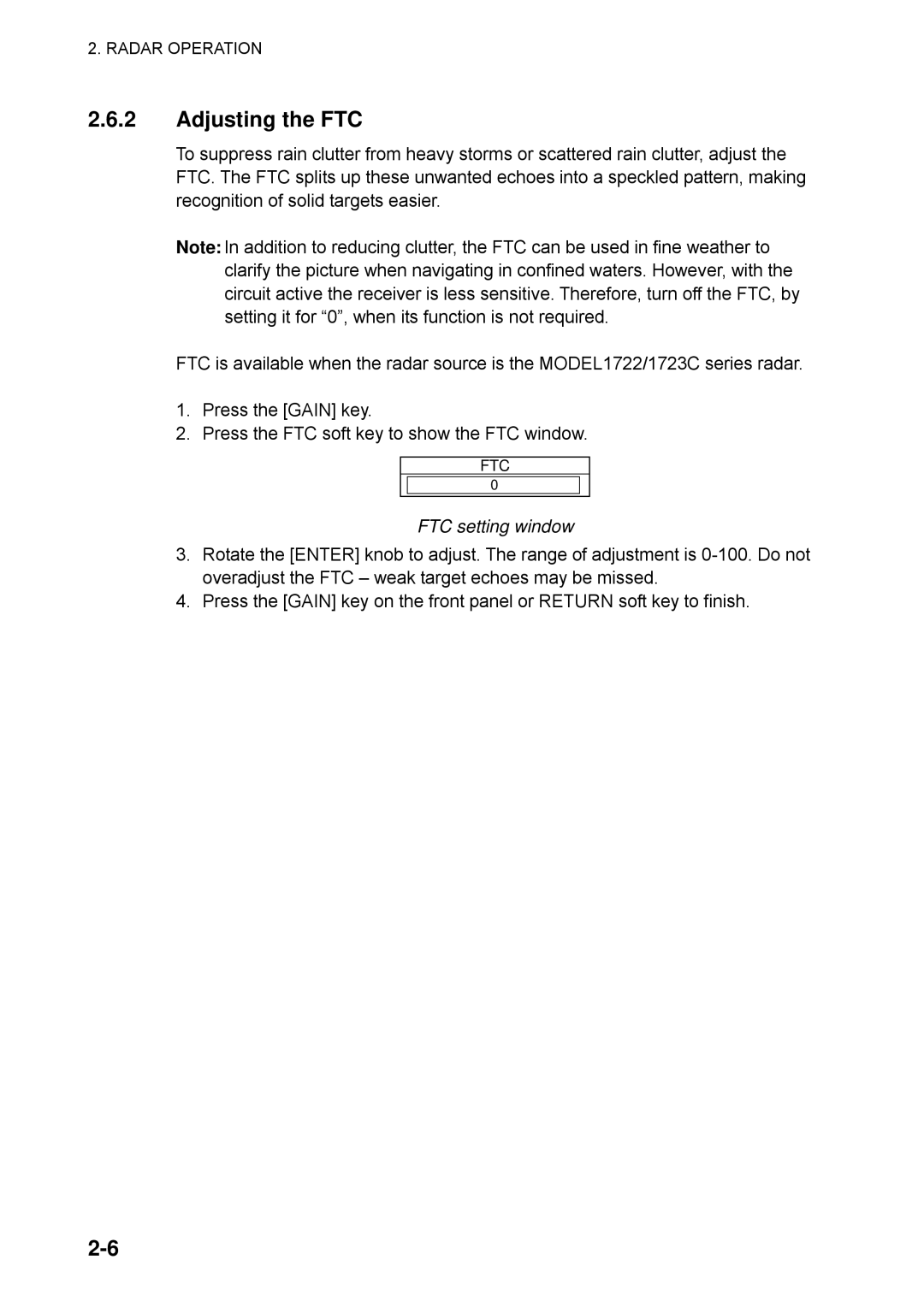 Furuno 1752C, 1753C, 1733C, 1723C, 1762C, 1722C, 1763C, 1732C, 1742C manual Adjusting the FTC, FTC setting window 