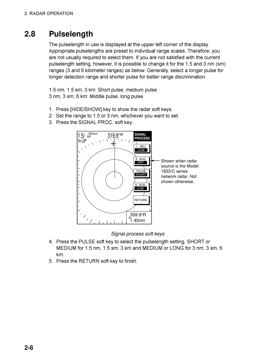 Furuno 1753C, 1733C, 1723C, 1762C, 1722C, 1763C, 1732C, 1752C, 1742C manual Pulselength, Signal process soft keys 