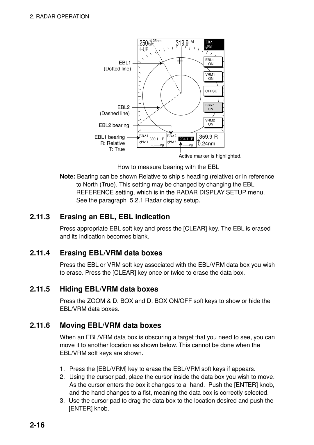 Furuno 1722C, 1753C, 1742, 1733C, 1752, 1723C, 1762C Erasing an EBL, EBL indication, How to measure bearing with the EBL 