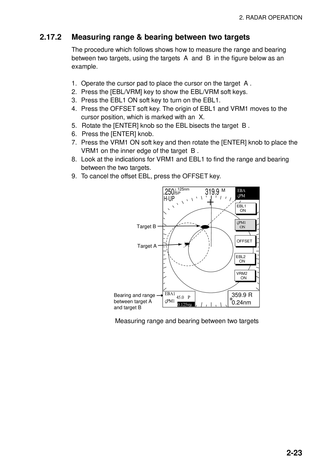 Furuno 1742, 1753C, 1733C Measuring range & bearing between two targets, Measuring range and bearing between two targets 