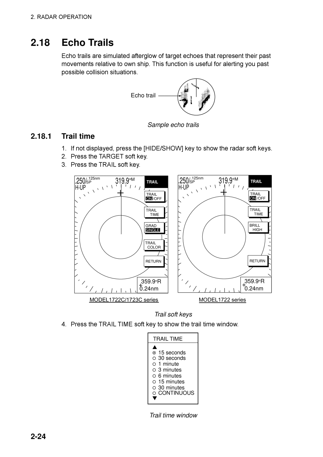 Furuno 1733C, 1753C, 1742, 1752, 1723C, 1762C, 1732 Echo Trails, Sample echo trails, Trail soft keys, Trail time window 