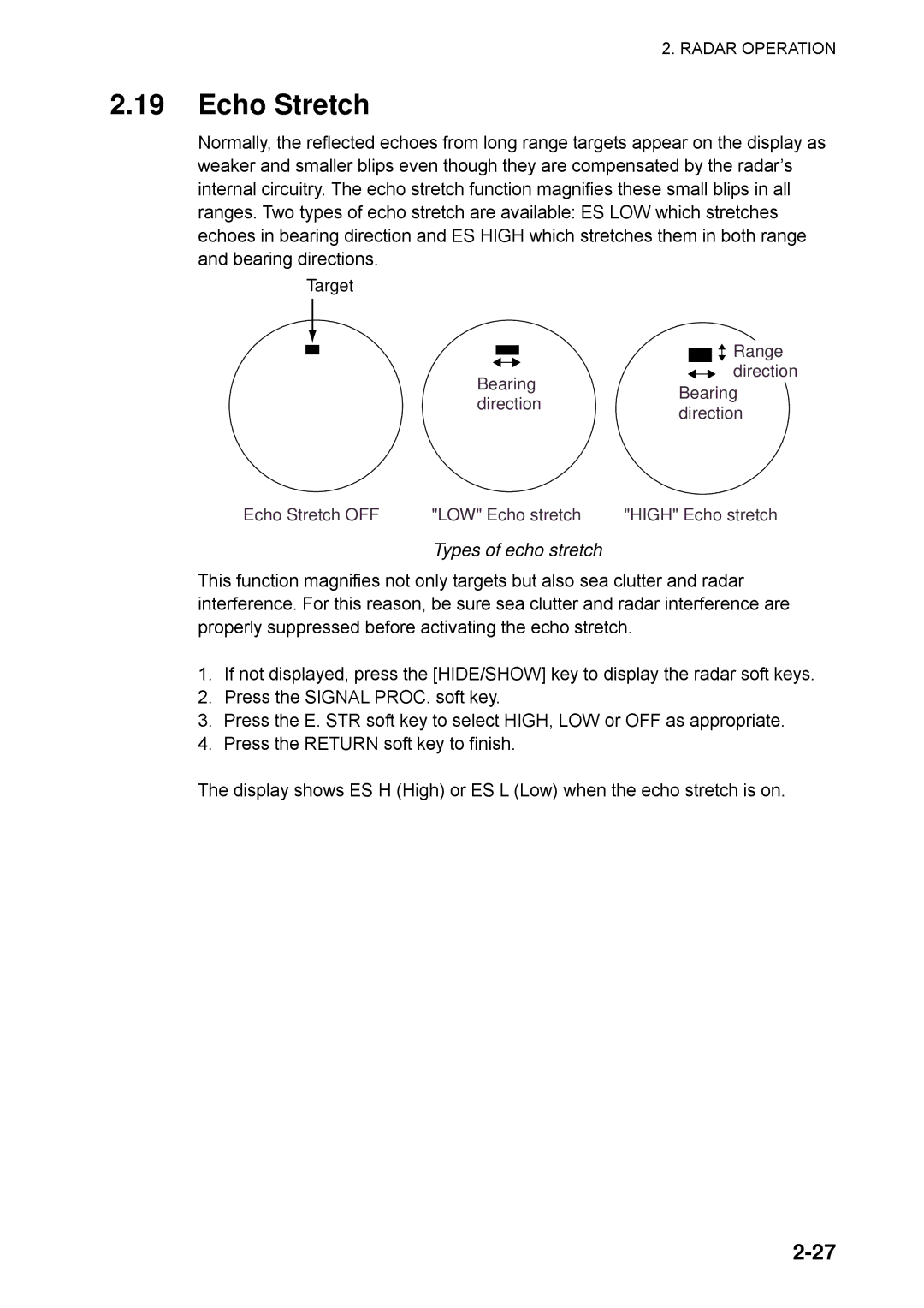 Furuno 1753C, 1733C, 1723C, 1762C, 1722C, 1763C, 1732C, 1752C, 1742C manual Echo Stretch, Types of echo stretch 