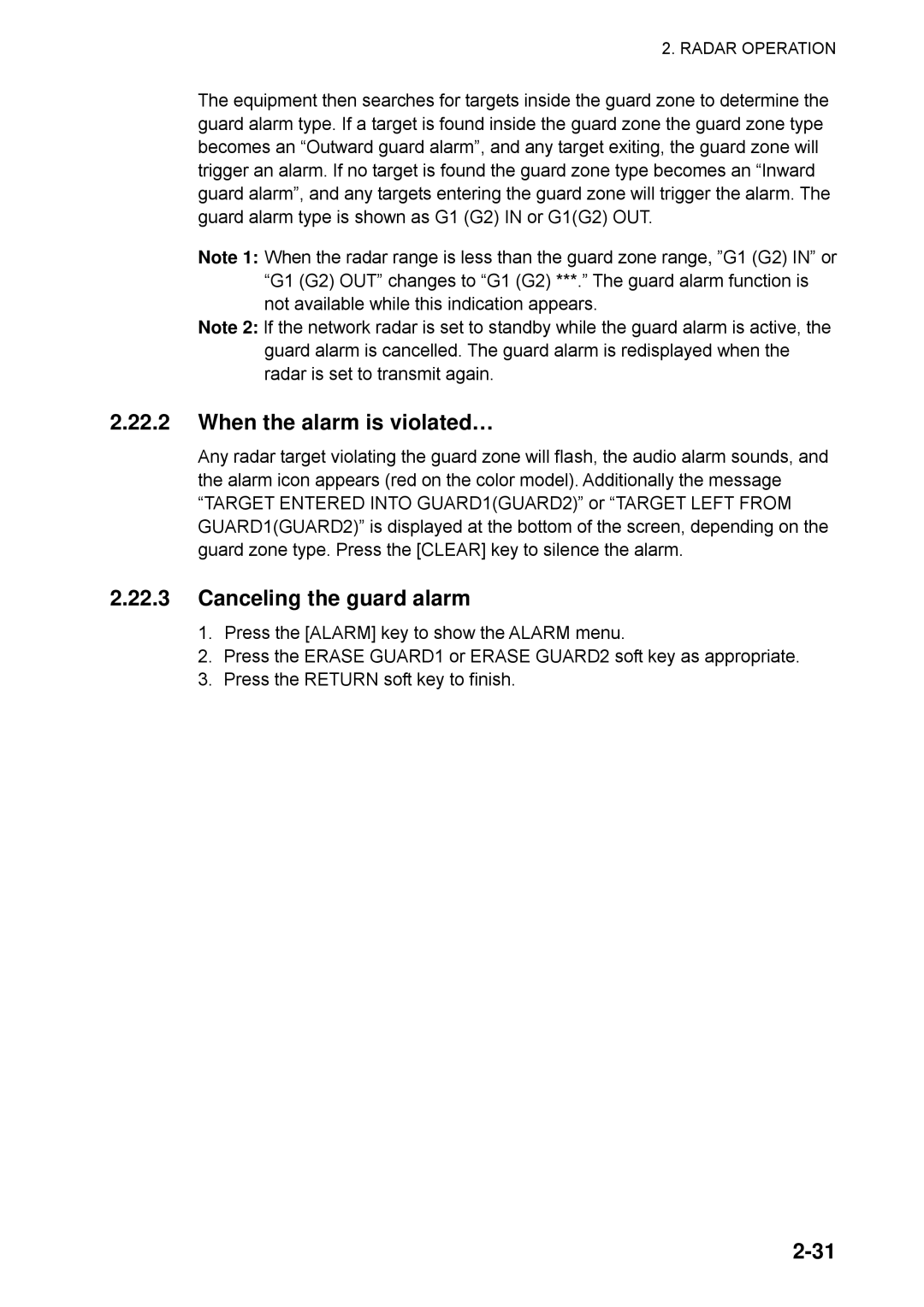 Furuno 1763C, 1753C, 1742, 1733C, 1752, 1723C, 1762C, 1722C, 1732C When the alarm is violated…, Canceling the guard alarm 