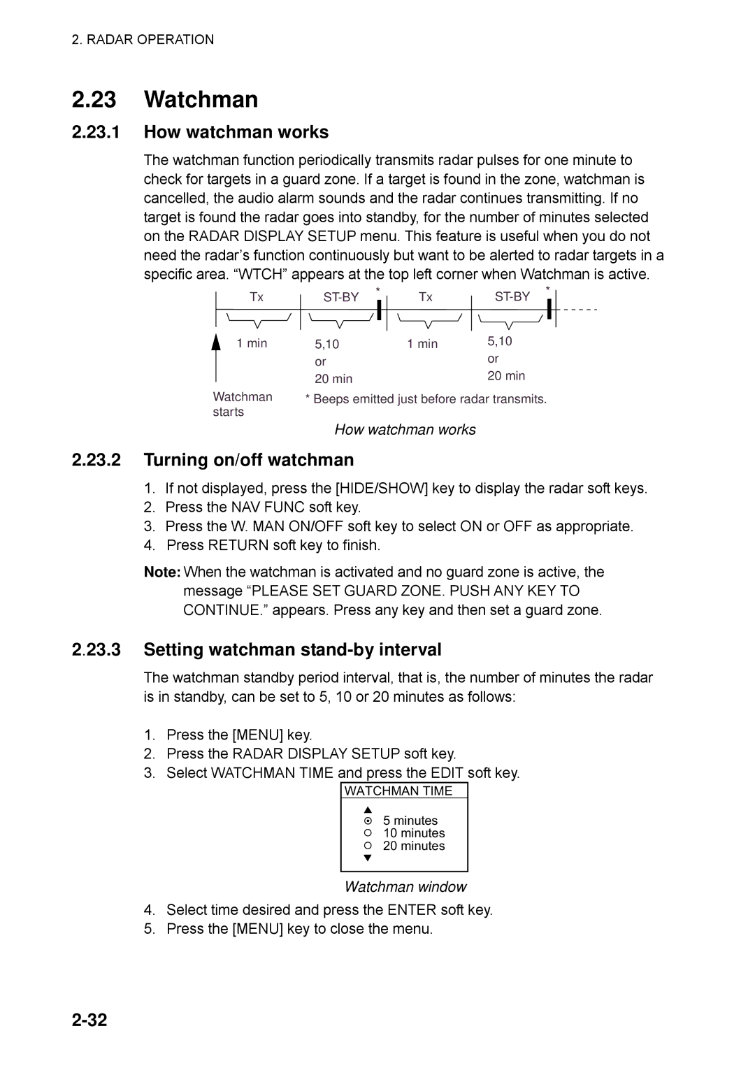 Furuno 1722, 1753C, 1742, 1733C Watchman, How watchman works, Turning on/off watchman, Setting watchman stand-by interval 