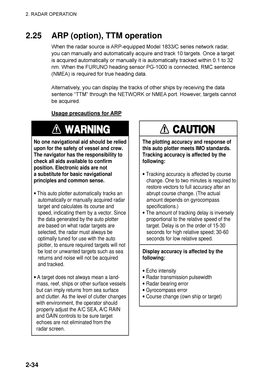 Furuno 1752C, 1753C, 1742, 1733C, 1723C, 1762C, 1722C, 1763C, 1732C ARP option, TTM operation, Usage precautions for ARP 