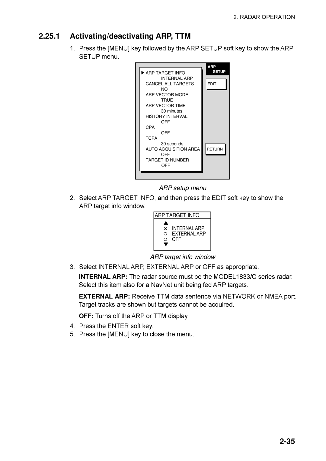 Furuno 1742C, 1753C, 1733C, 1752, 1723C, 1762C Activating/deactivating ARP, TTM, ARP setup menu, ARP target info window 