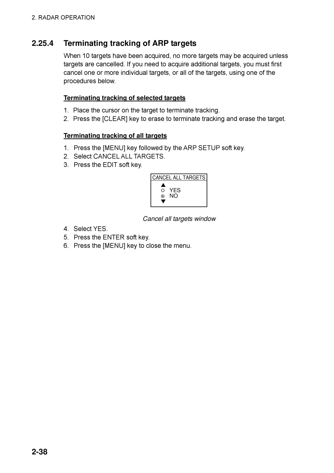 Furuno 1733C Terminating tracking of ARP targets, Terminating tracking of selected targets, Cancel all targets window 