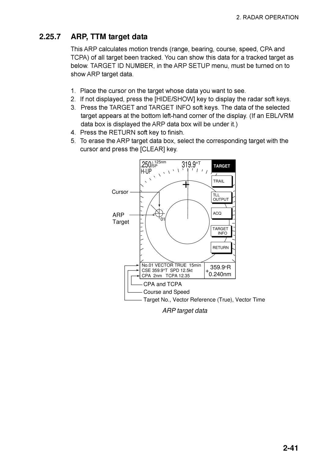 Furuno 1753C, 1733C, 1723C, 1762C, 1722C, 1763C, 1732C, 1752C, 1742C manual 25.7 ARP, TTM target data, ARP target data 