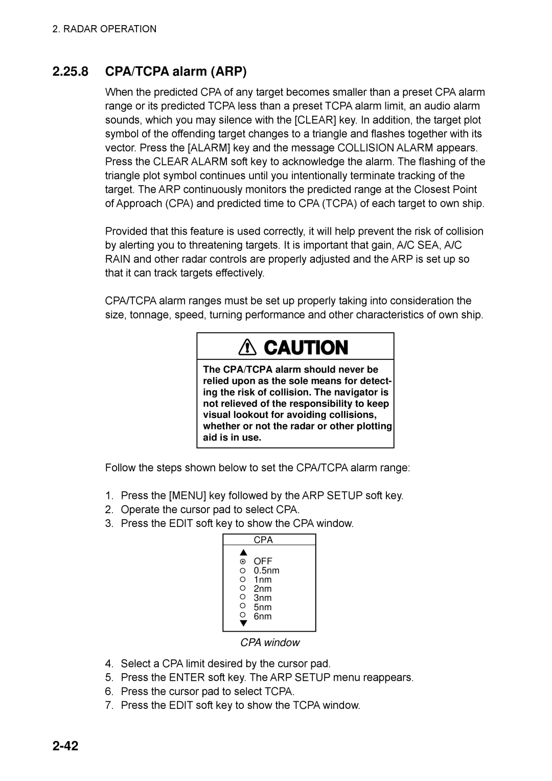 Furuno 1762C, 1753C, 1733C, 1723C, 1722C, 1763C, 1732C, 1752C, 1742C manual 25.8 CPA/TCPA alarm ARP, CPA window 