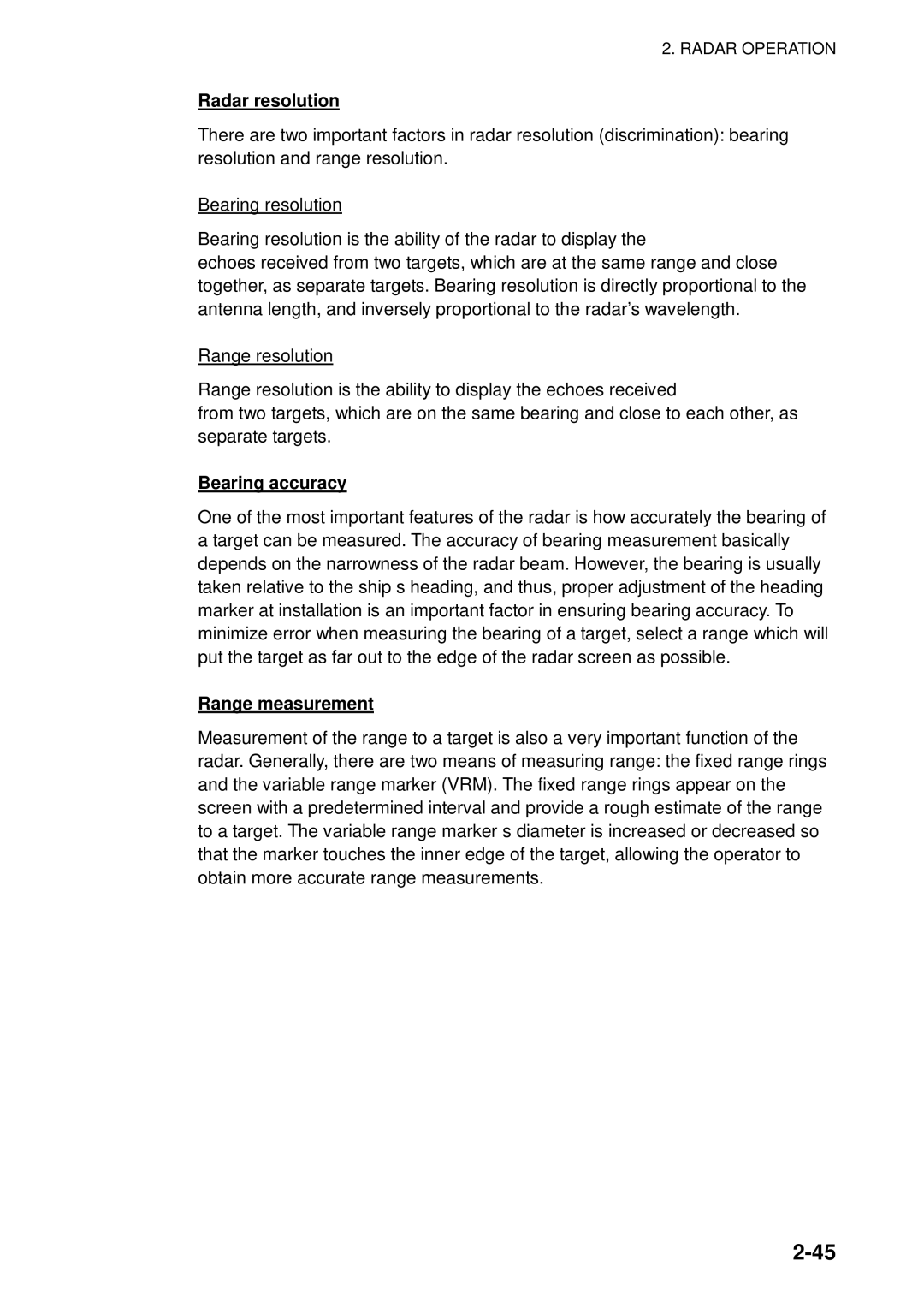 Furuno 1763C, 1753C, 1742, 1733C Radar resolution, Bearing resolution, Range resolution, Bearing accuracy, Range measurement 