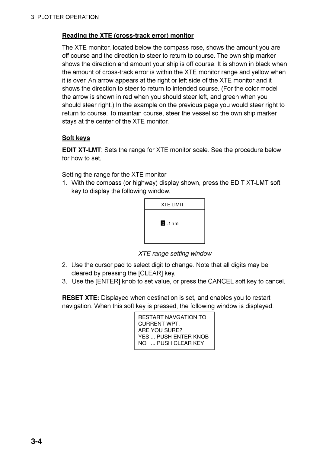 Furuno 1723C, 1753C, 1742, 1733C, 1752, 1762C, 1732, 1722 Reading the XTE cross-track error monitor, XTE range setting window 