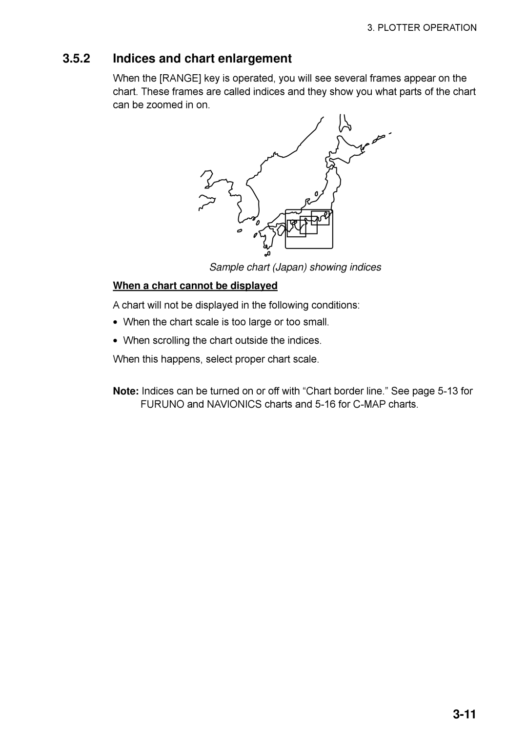 Furuno 1732C, 1753C Indices and chart enlargement, Sample chart Japan showing indices, When a chart cannot be displayed 