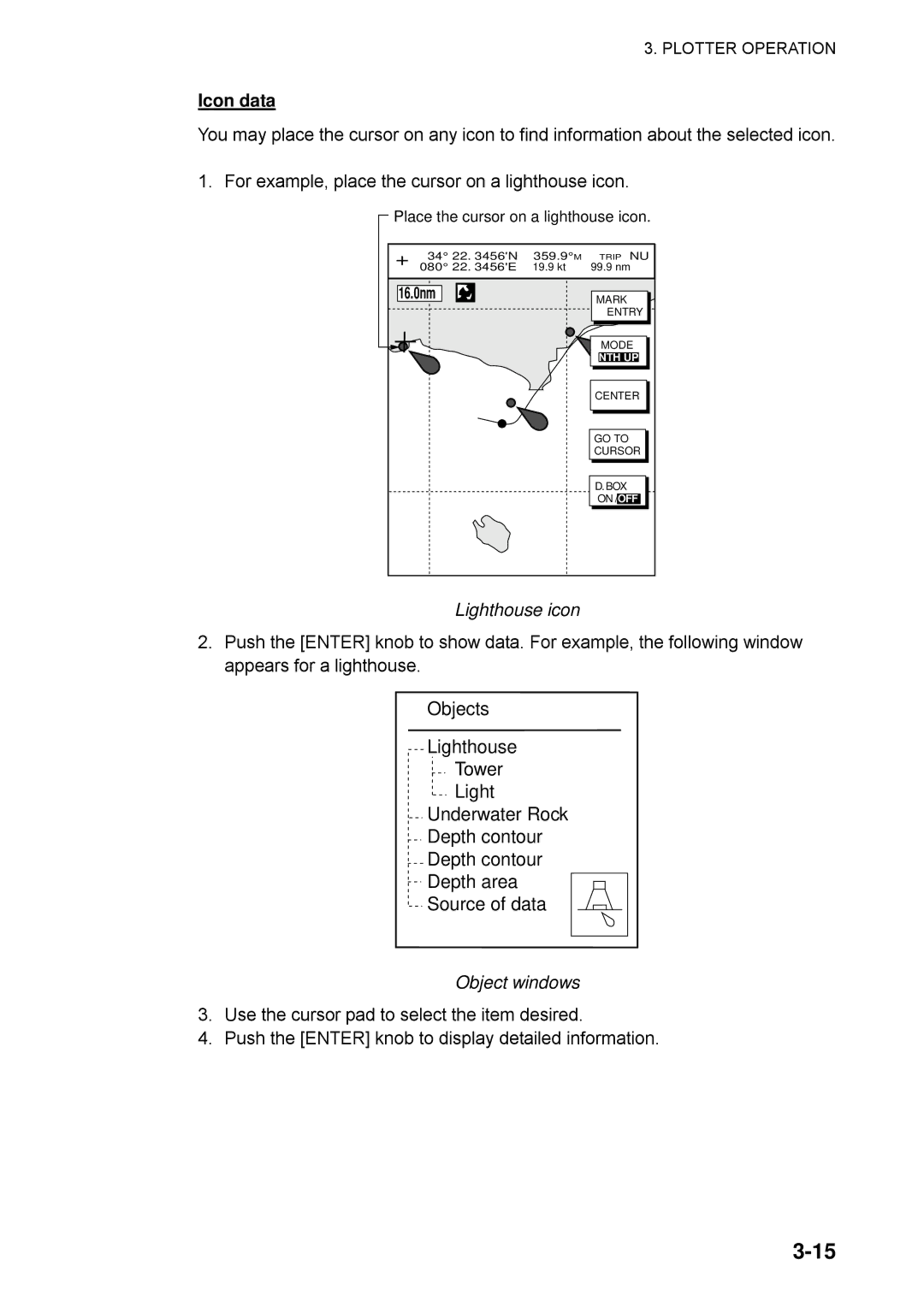 Furuno 1753C, 1733C, 1723C, 1762C, 1722C, 1763C, 1732C, 1752C, 1742C manual Icon data, Lighthouse icon, Object windows 