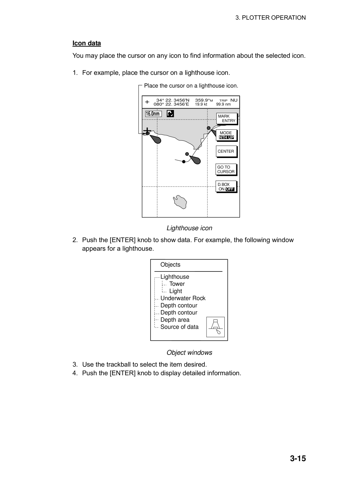 Furuno 1823C manual Icon data, Lighthouse icon, Object windows 