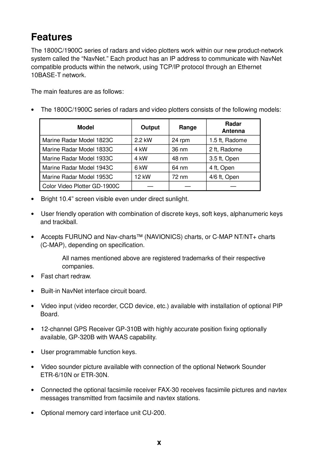 Furuno 1823C manual Features, Model Output Range Radar 