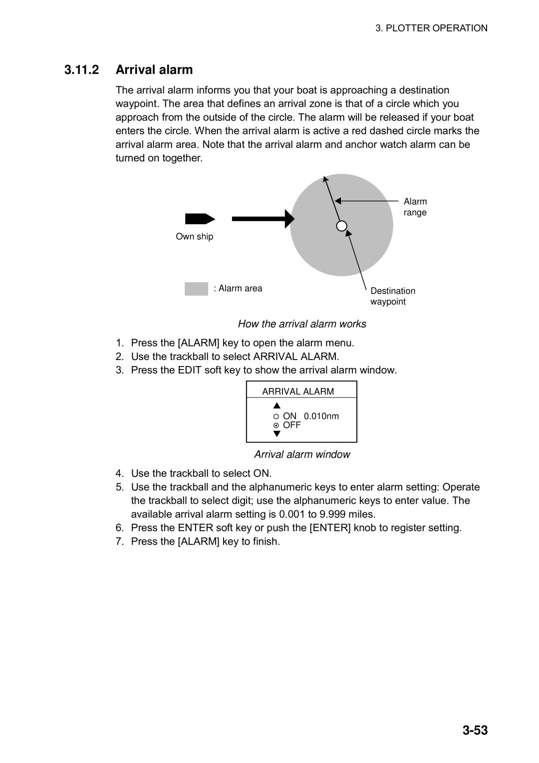 Furuno 1823C manual How the arrival alarm works, Arrival alarm window 