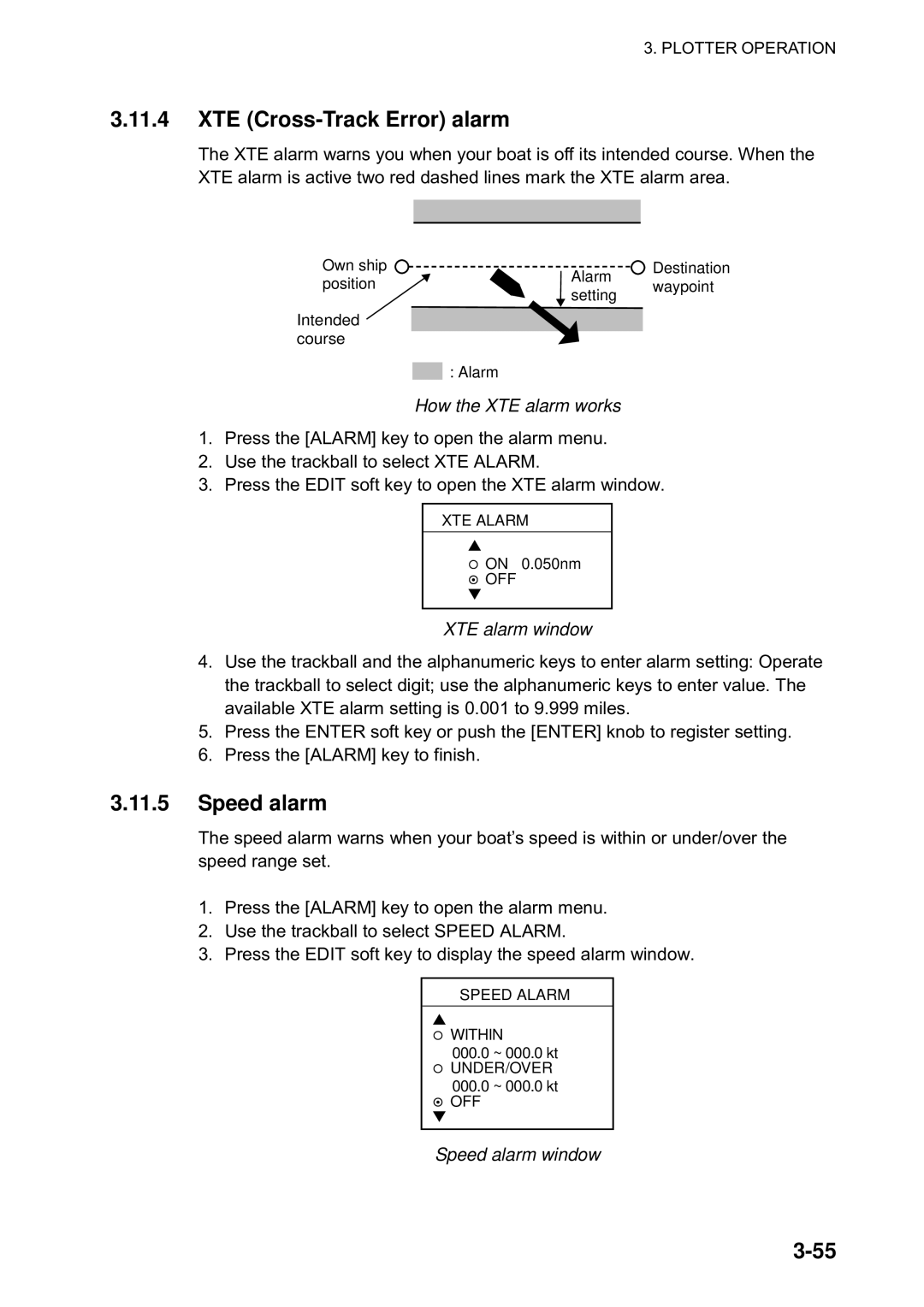 Furuno 1823C manual XTE Cross-Track Error alarm, How the XTE alarm works, XTE alarm window, Speed alarm window 