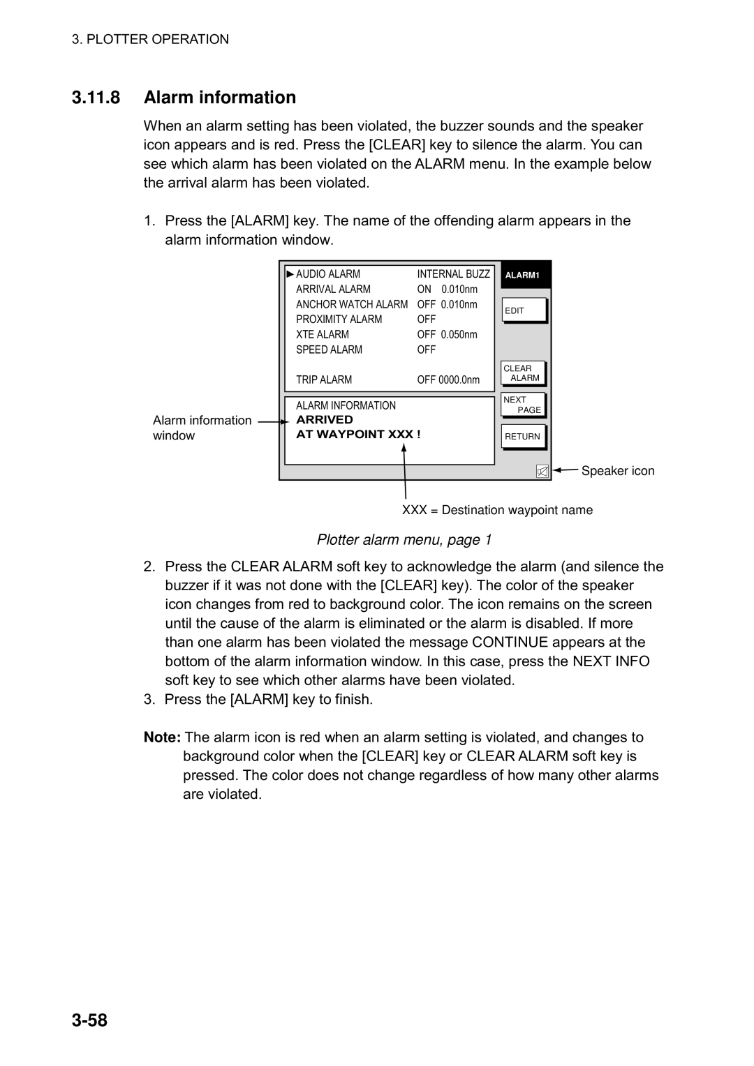 Furuno 1823C manual Alarm information, Plotter alarm menu 