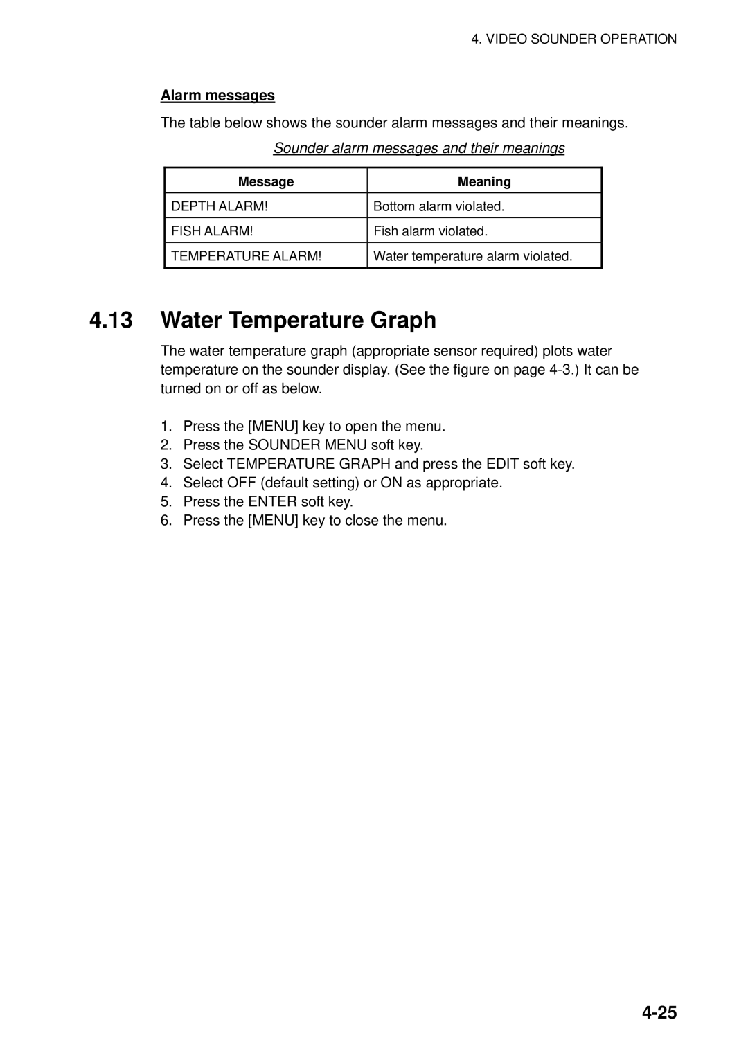 Furuno 1823C manual Water Temperature Graph, Sounder alarm messages and their meanings 