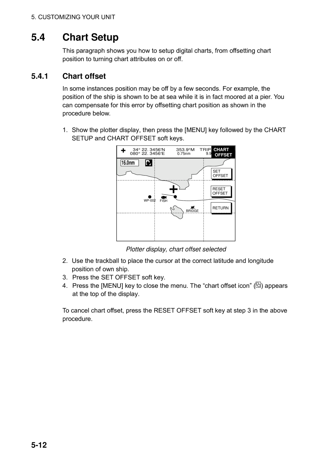 Furuno 1823C manual Chart Setup, Chart offset, Plotter display, chart offset selected 