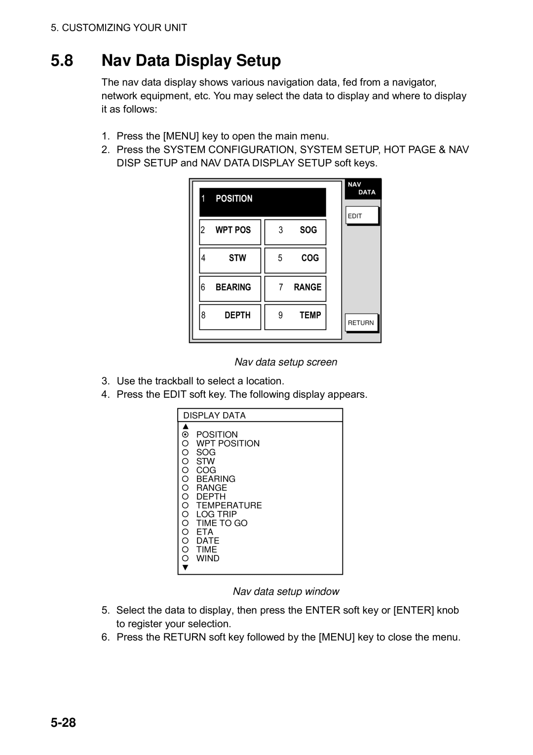 Furuno 1823C manual Nav Data Display Setup, Nav data setup screen, Nav data setup window 