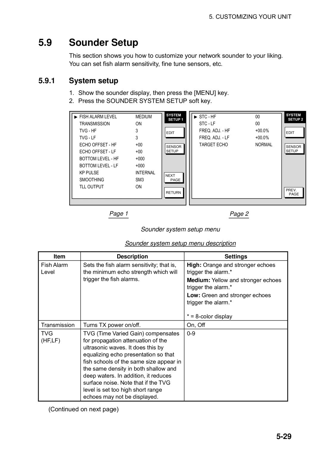 Furuno 1823C manual Sounder Setup, System setup, Sounder system setup menu description 