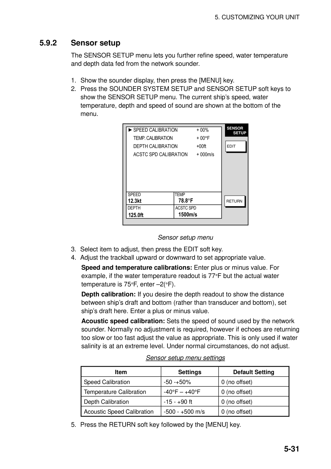 Furuno 1823C manual Sensor setup menu settings 