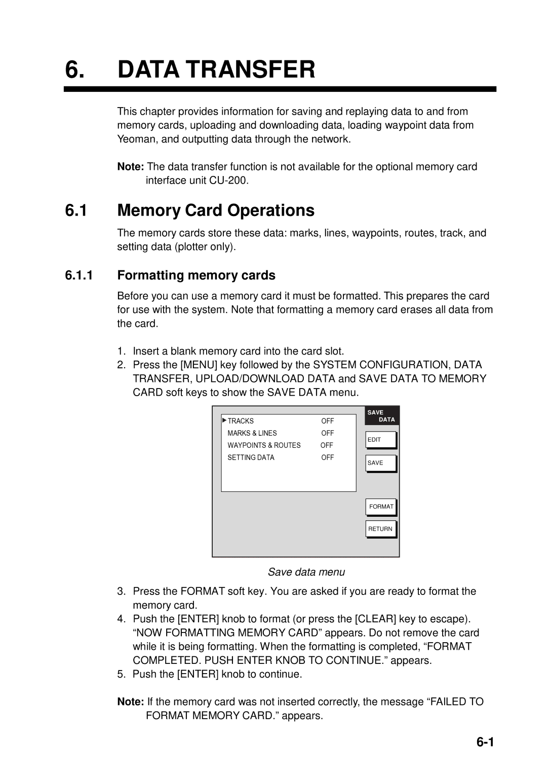 Furuno 1823C manual Memory Card Operations, Formatting memory cards, Save data menu 