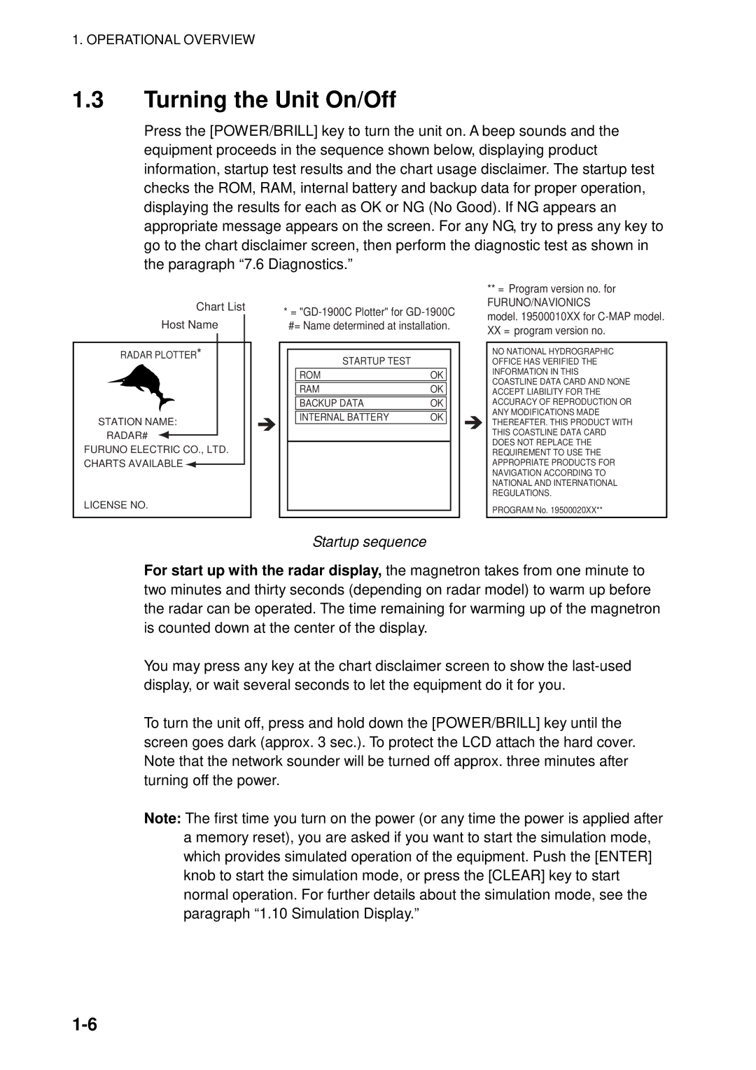 Furuno 1823C manual Turning the Unit On/Off, Startup sequence 