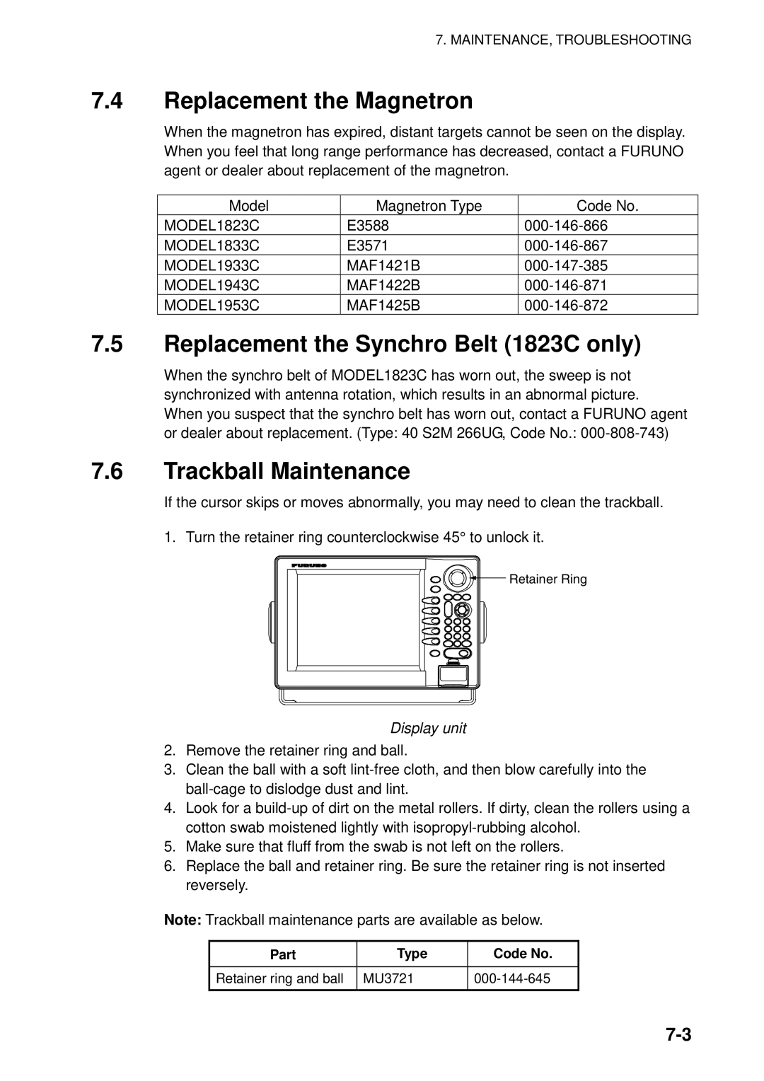 Furuno manual Replacement the Magnetron, Replacement the Synchro Belt 1823C only, Trackball Maintenance 